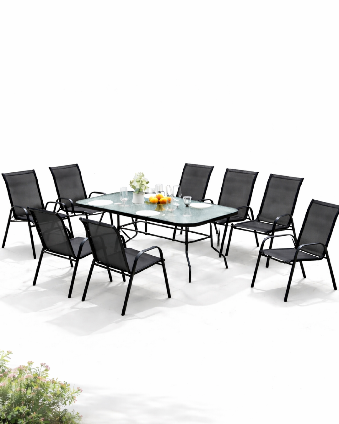 Set Kopshti, Tavolinë 90x150cm + 8Karrige Rrjetë, Black