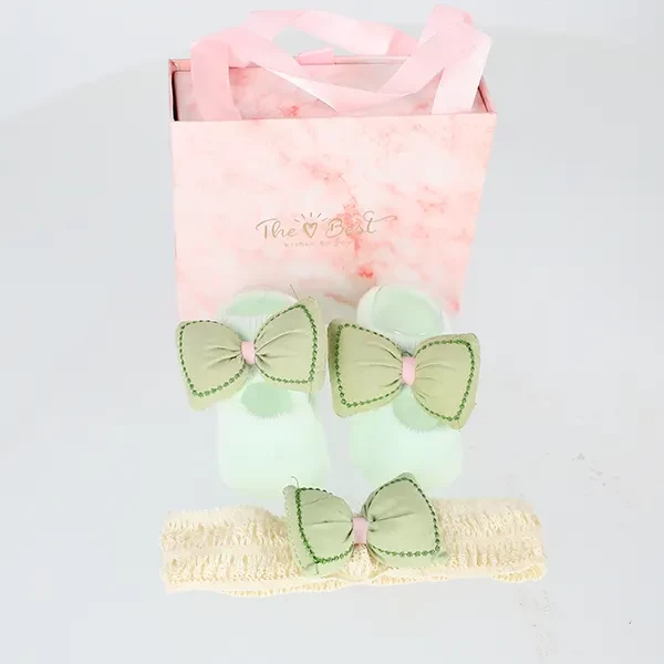 Set për Bebe, Çorape dhe Shirit Koke, Green&White